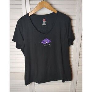 Lotus Life Hanes V Neck T Shirt Womens XL 100% Cotton Yoga Graphic Purple Flower